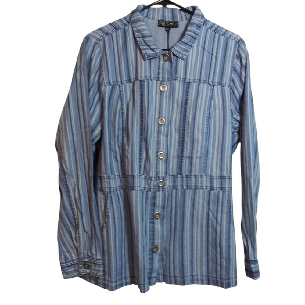 DG2 Diane Gilman SoftCell Elongated Utility Blue Stripe Shacket Jacket Size XL